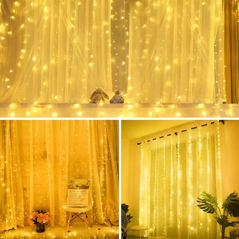 Guirnalda de cortina en la ventana, luces de hadas USB con control remoto, guirnalda de Año Nuevo, luces Led de decoración navideña, 6x3m/3x3m