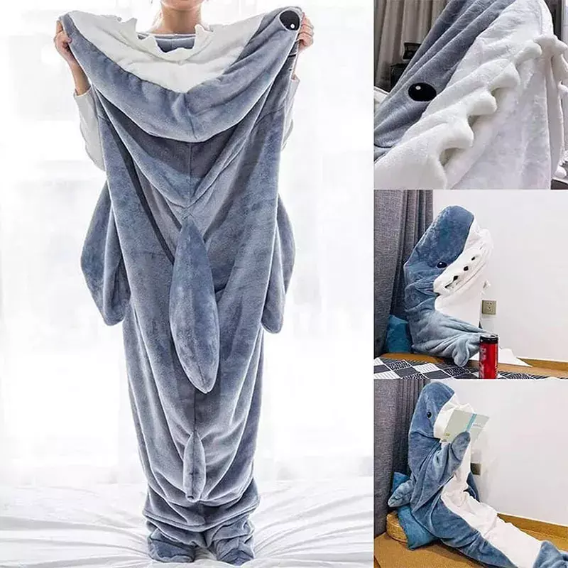 Pijama de franela con capucha de tiburón para niños y adultos, saco de dormir de felpa, acogedor, novedad de 2024