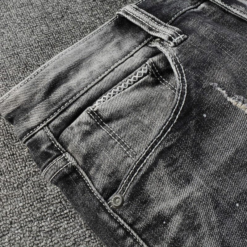 Retro elástico slim fit pintado jeans rasgado para homens, calça jeans designer remendada, de alta qualidade, nova moda vintage, preto e cinza