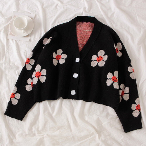 Preppy Style Flower Knit Cardigans Sweater Women V Neck Loose elegaht Thicked Pull Femme Print Short Casual Coat 46565