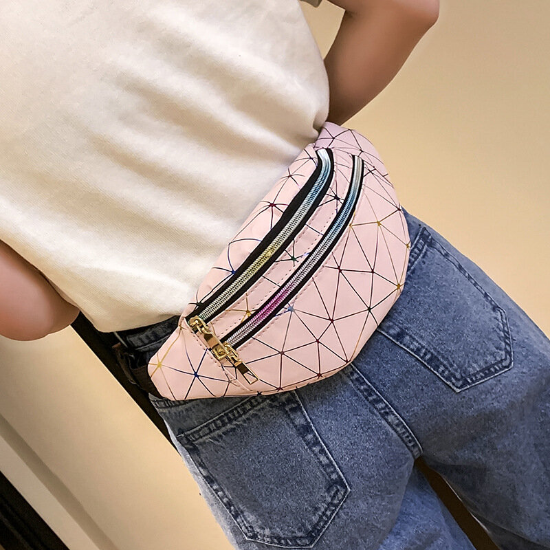 Laser Geometric Pattern Waist Bag PU Artificial Leather Splicing Belt Bag Unisex Chest Phone Pouch Men Women Purse Bum Bag