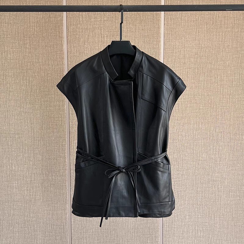 Women's Leather Waistcoat, Sheepskin Vest, Loose Lace Up, Casual Sleeveless Coat with Large Pockets, Spring and Autumn
