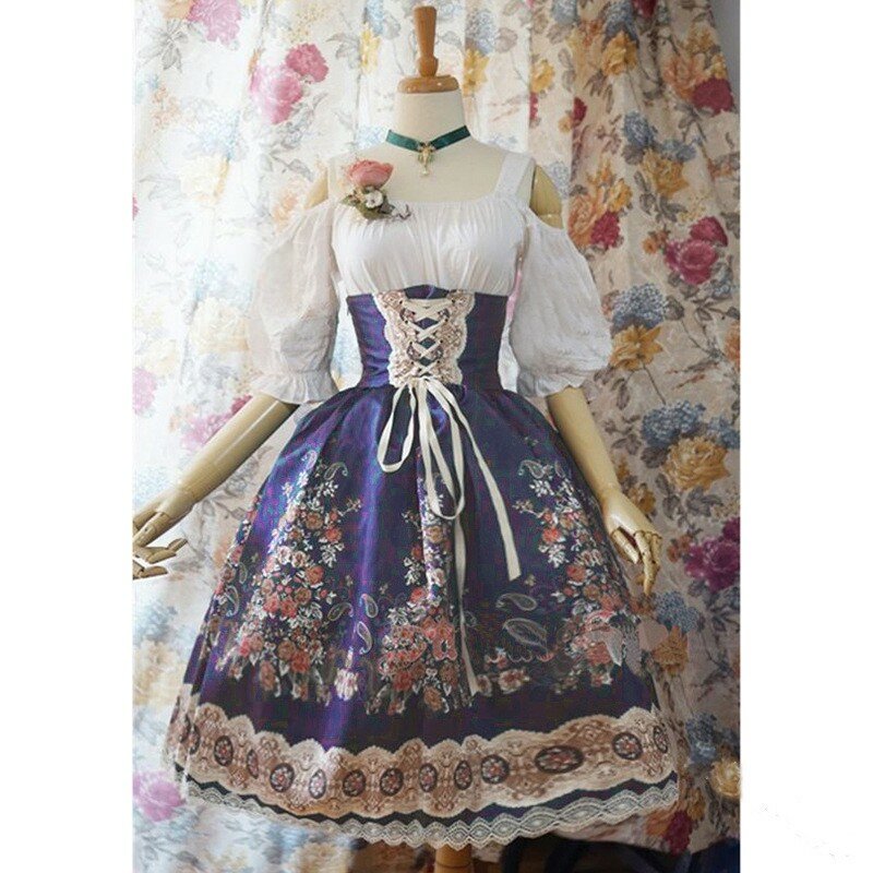 خمر فستان المرأة الصيف تأثيري Vestido لوليتا طباعة الحلو عالية الخصر طويلة الأكمام الفيكتوري القوطية القرون الوسطى الملابس S-5XL