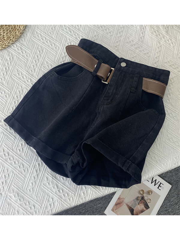 Damskie czarne gotyckie jeansowe szorty letnie w stylu Vintage koreański wysoki stan szorty kowbojki szerokie szorty Harajuku casualowe krótkie spodenki dżinsowe Y2k
