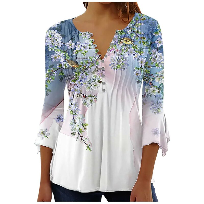 Mujer 여성용 플로럴 프린트 상의, V넥 반팔 단추 티셔츠, 우아하고 품격 있는 여성용 여름 옷, 2024