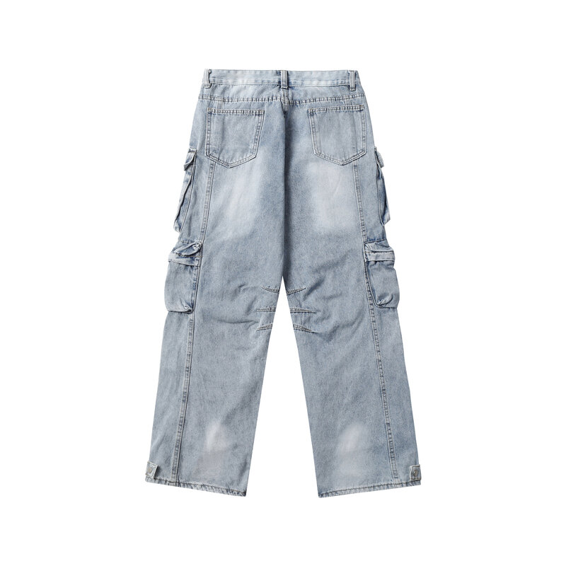 Heren Mode Hiphop Cargo Jeans Broek Met Meerdere Zakken High Street Gescheurde Werkkleding Denim Broek Losse Pasvorm Y 2K Broek