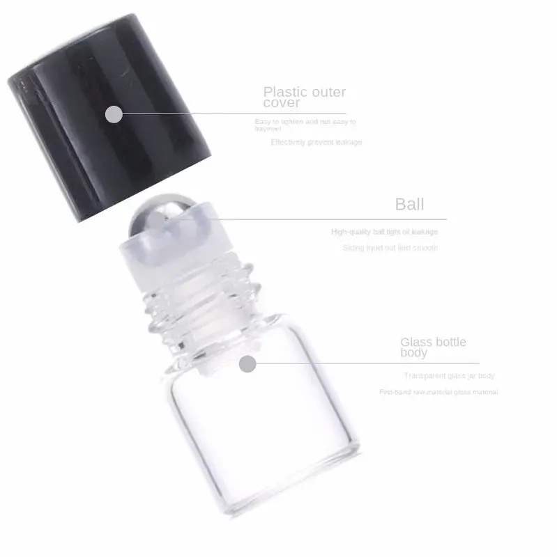 Garrafa de bola de rolo de vidro transparente, adequado para óleo essencial, preto, frascos vazios, perfumes de viagem, 1ml, 2ml, 3ml, 5ml, 50pcs