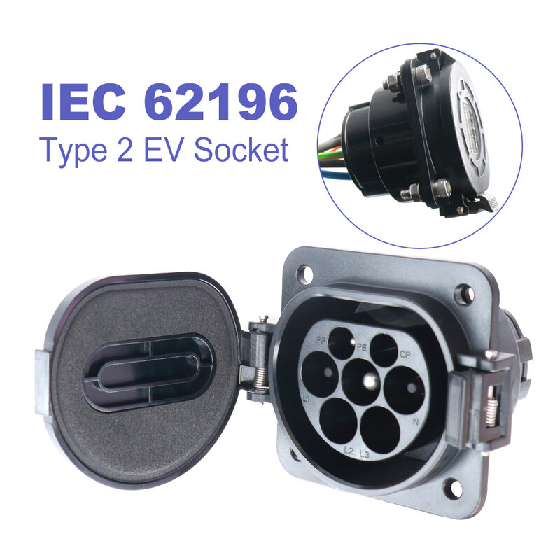 Enchufe de carga EV IEC 62196 tipo 2, Conector de cargador EV macho, Cuadrado lateral del vehículo, IP67