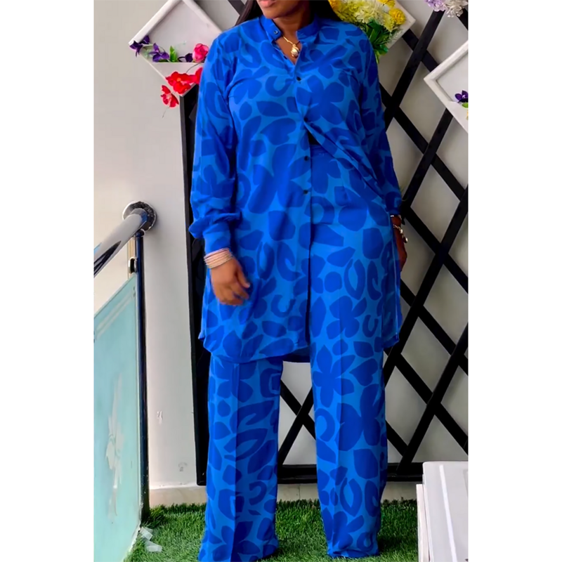 Женский брючный костюм для отпуска, синий комплект из двух предметов с принтом на пуговицах и длинным рукавом
