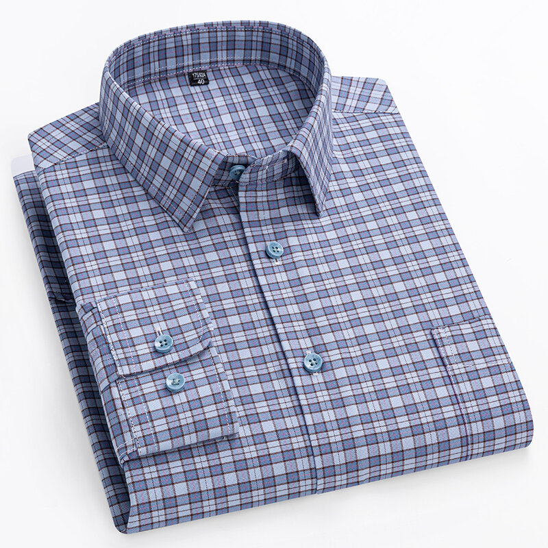 Camisa Oxford de manga longa masculina, xadrez listrado com ajuste regular, vestido casual, roupas masculinas macias, tamanho grande, 11XL, 100% algodão