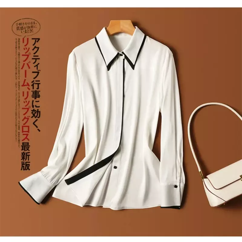 Blusa popelina de manga comprida feminina, tops casuais, gola lapela, camisa de botões monocromática, simplicidade, primavera, outono, novo, moda, 2022