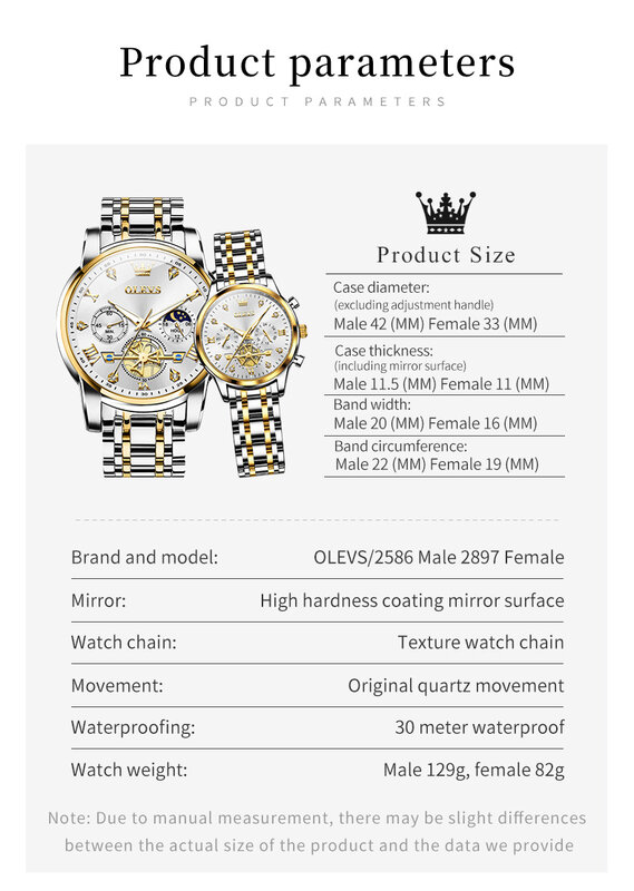 OLEVS-Relógios de pulso impermeáveis para casais, design do volante, fase da lua, cronógrafo, aço inoxidável, relógio de quartzo do amor, luxo quente
