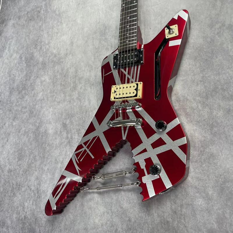 Electric guitar with 6 strings, metal red body and silver stripes, rose wood fingerboard, maple wood track, real factory picture