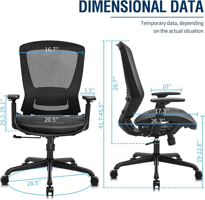 인체 공학적 메쉬 사무실 의자, 견고한 작업 의자, 요추 지지대 및 팔걸이 조절 가능, 컴퓨터 책상 의자, 틸트 기능