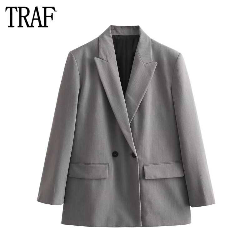 TRAF-Blazer de peito duplo feminino, blazer cinza grande, blazer longo feminino, jaqueta de escritório masculina, inverno, 2022
