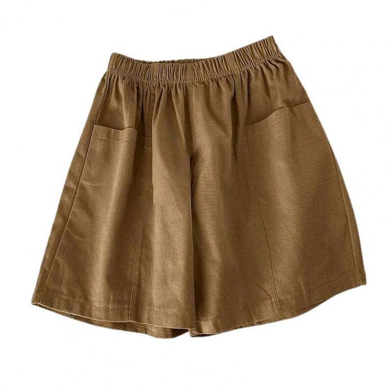Summer Women Shorts Pleated A-line Loose Pockets Elastic Waist Solid Color Plus Size Casual Daily Wear Sport Mini Shorts