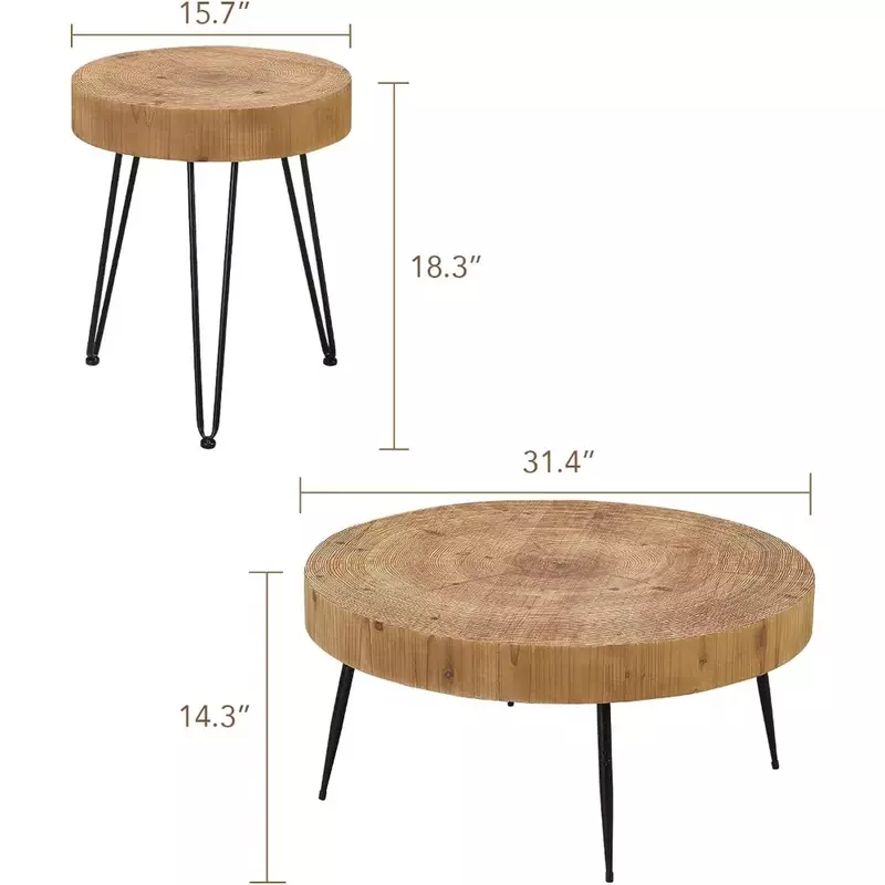 농가 원형 커피 테이블 세트, 모던 원형 천연 목재 마감, 사이드 및 엔드 테이블 세트, 거실 테이블용, 2 가구