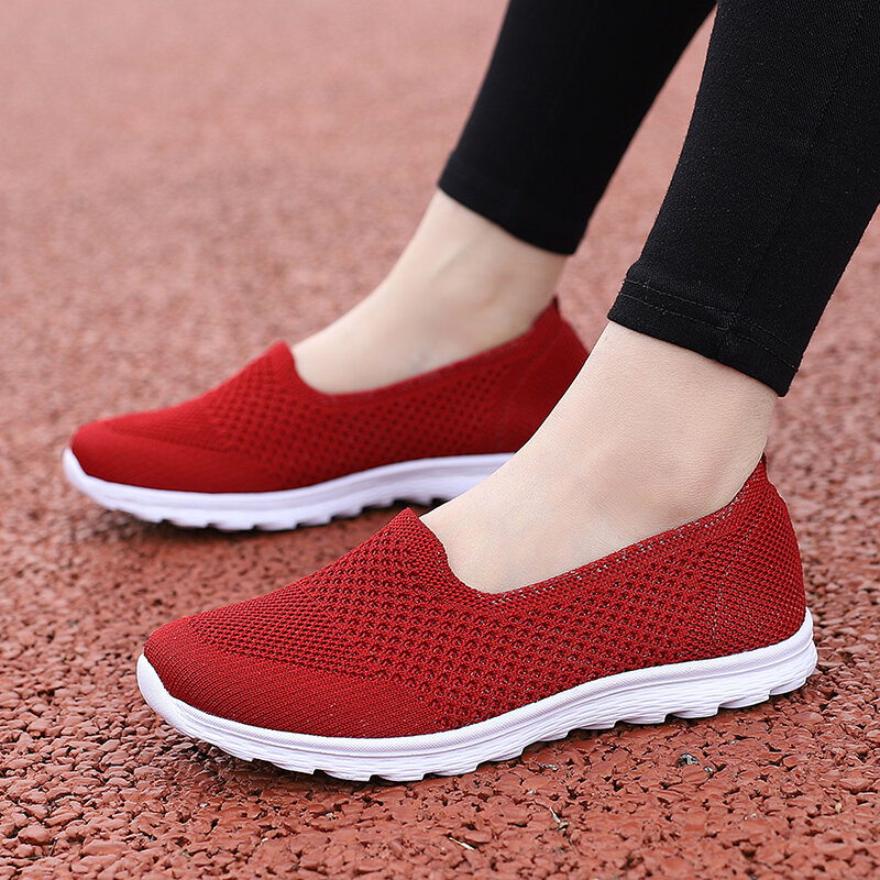 Women Walking Fitness Black Mesh Slip-On Light Loafer Summer Sports Shoes Outdoor Flats Breathable Sneakers Big Size 35-42