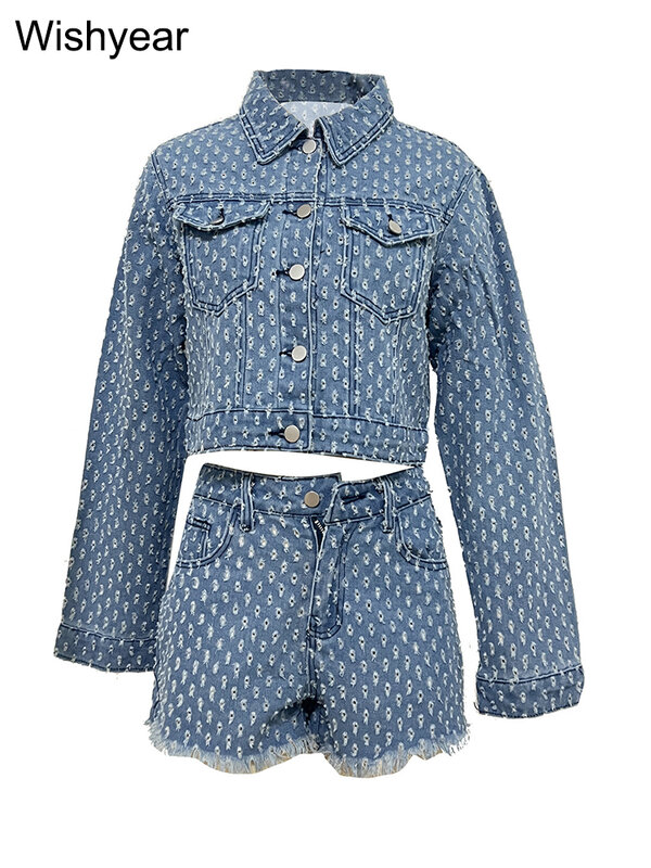 Conjunto feminino de duas peças jeans sem estiramento, jaqueta de manga comprida, roupas jean para boate, tops e shorts, buraco azul, estilo safari