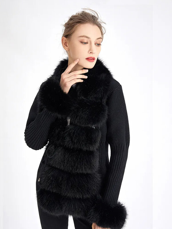 Fall Winter Women Faux Fur Coat Luxury Knitted Sweater Cardigan with Fur Trim Elegant Detachable Fur Belt Jacket Faux Fur Coats