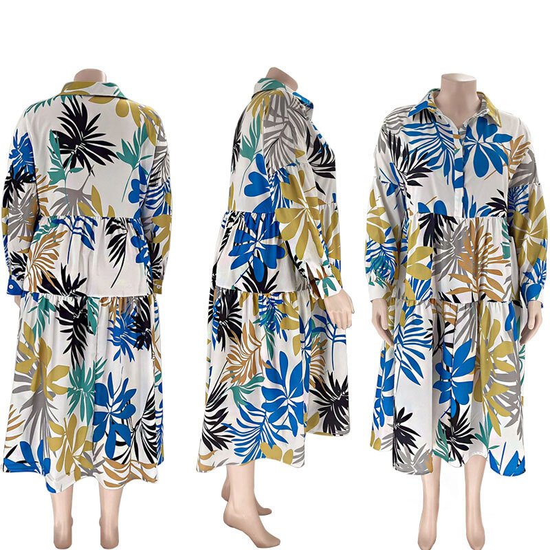 Plus Size Kleider Herbst gedruckt Mode Langarm Rüschen Saum Mid-Calf Kleid Streetwear lässig Vintage Vestidos Outdoor-Roben