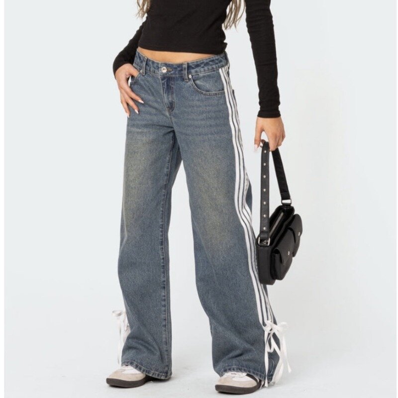 Houzhou y2k Jeans mit weitem Bein für Frauen Seite gestreiften Saum Schnür-Design Vintage Baggy Denim Hosen Streetwear koreanischen Stil Hosen