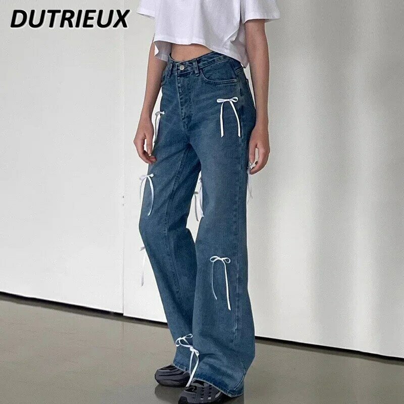 Spring American Style Vintage Bow Embellished High Waist Jeans Sweet All-Matching Wide-Leg Straight Mop Denim Pants for Women
