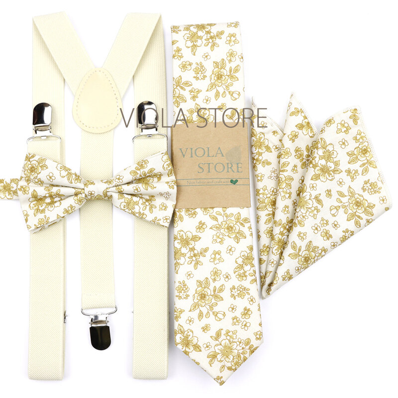 Men Kid Sage Green Floral 2.5cm Suspenders 6.5cm 100% Cotton Tie Hankie Bow Set Cravat Brace Adjustable Straps Wedding Accessory