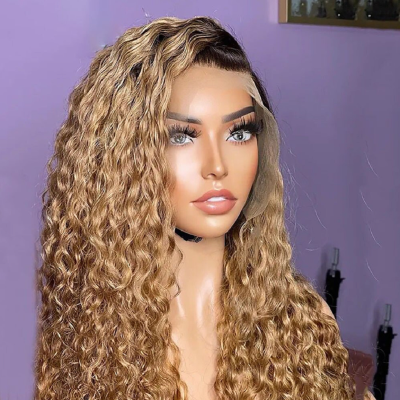 Glueless Kinky Curly Lace Front Wig para mulheres, longo macio Ombre loiro, cabelo do bebê, pré-arrancado, resistente ao calor, 180 densidade, 26"