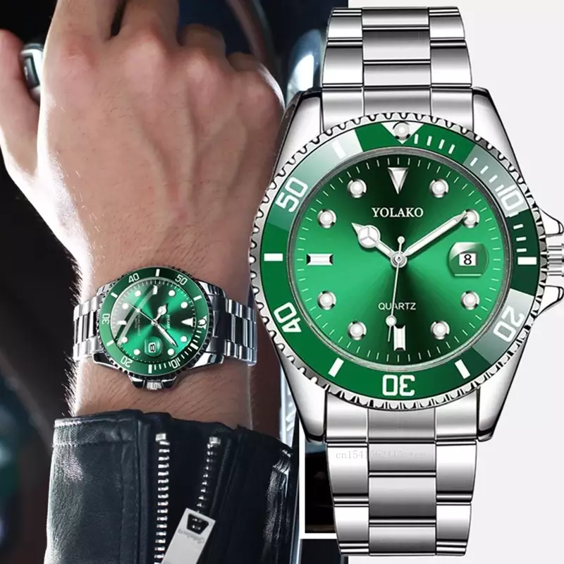 Reloj de pulsera de acero inoxidable para hombre, pulsera de cuarzo con calendario, color verde, venta al por mayor, 2023