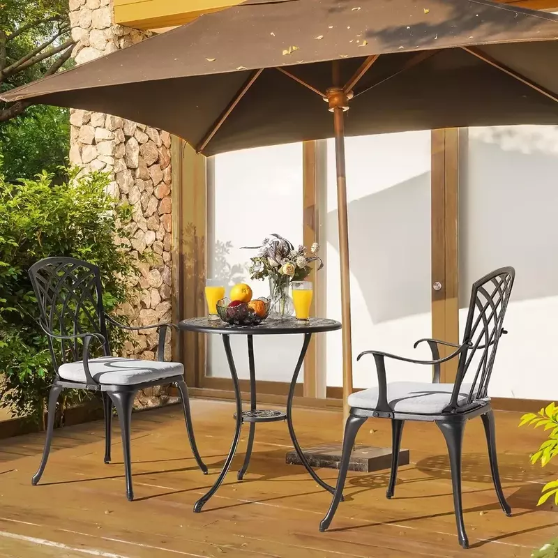 Juego de mesa de comedor de aluminio fundido para exteriores, muebles de patio con orificios de sombrilla y tapicería gris para patio y balcón, 3 piezas