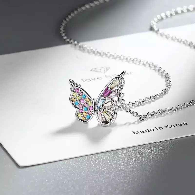Neue 925 Sterling Silber farbigen Zirkon Schmetterling Anhänger Halskette Luxus Schmuck für Frauen Party Verlobung geschenk