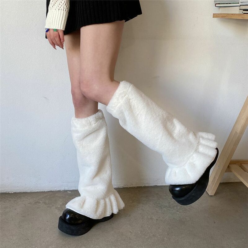 Harajuku estilo pelúcia perna aquecedores, veludo japonês pé quente meias, doce mulheres babados capa, novo
