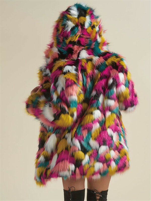 Abrigo largo de piel sintética con capucha para mujer, moda de ocio, calle alta, invierno, 2023