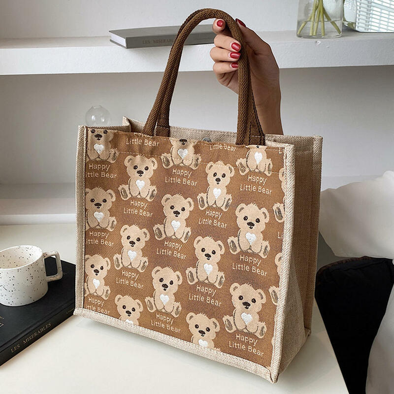 Cute Bear Lunch Bags lino Fashion Ins studenti di grande capacità donna Eco Tote Bag borsa da viaggio portatile in tessuto a tracolla borsa S/L