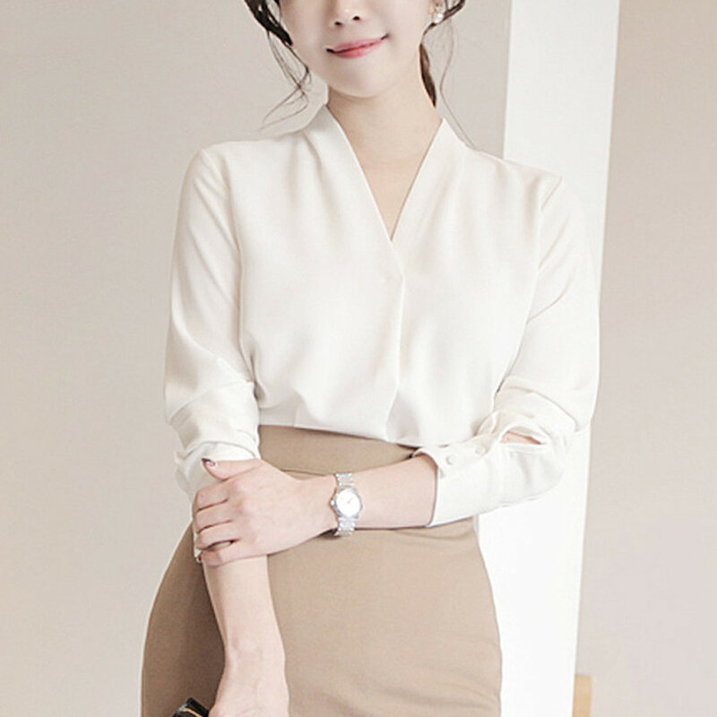 Chemise blanche à manches longues et col en V, haut en mousseline de soie, style coréen professionnel, printemps, été, nouveau, 2023
