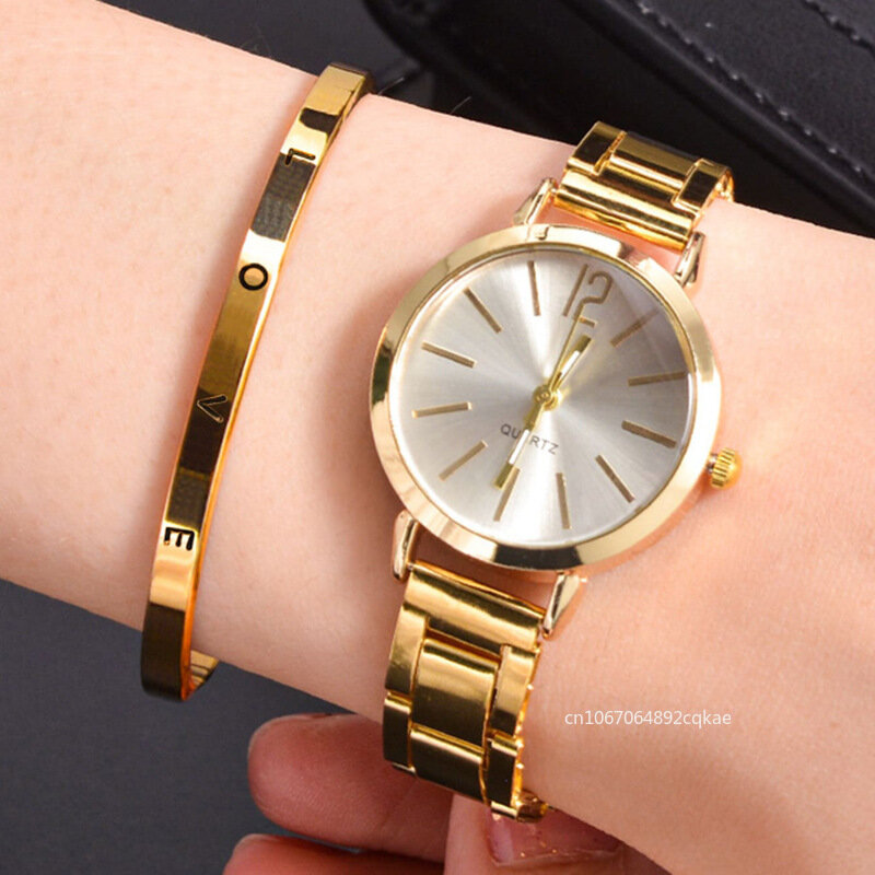 สร้อยข้อมือนาฬิกาควอทซ์2ชิ้นทำจากโลหะดิจิตอลแบบเรียบแฟชั่นสำหรับสุภาพสตรี