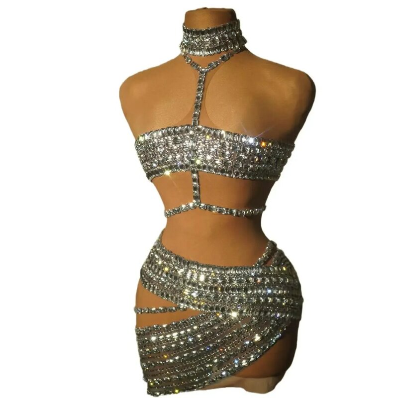 Luxurious Rhinestones Sexy Hollow Out Backless Transparent Short Dress Women Birthday Evening Celebrate Party Dresses Fangtang