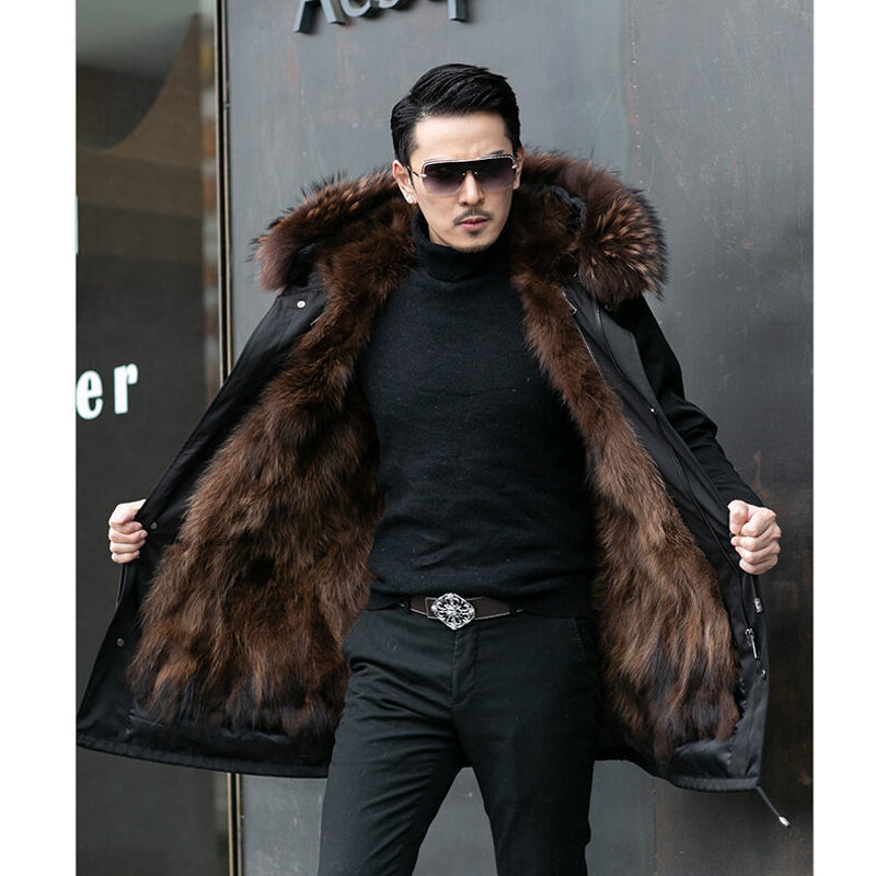 Parker jaket bulu imitasi pria, pelapis bulu imitasi musim dingin hangat baru satu potong mantel bulu Mink imitasi mantel bulu panjang setengah