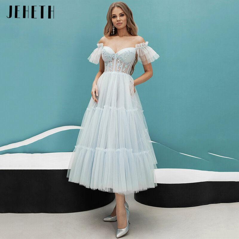 JEHETH Light Blue Short Prom Dress Off The Shoulder A Line Tulle Tiered Tea Length Evening Party Gown Puff Sleeves Sweetheart