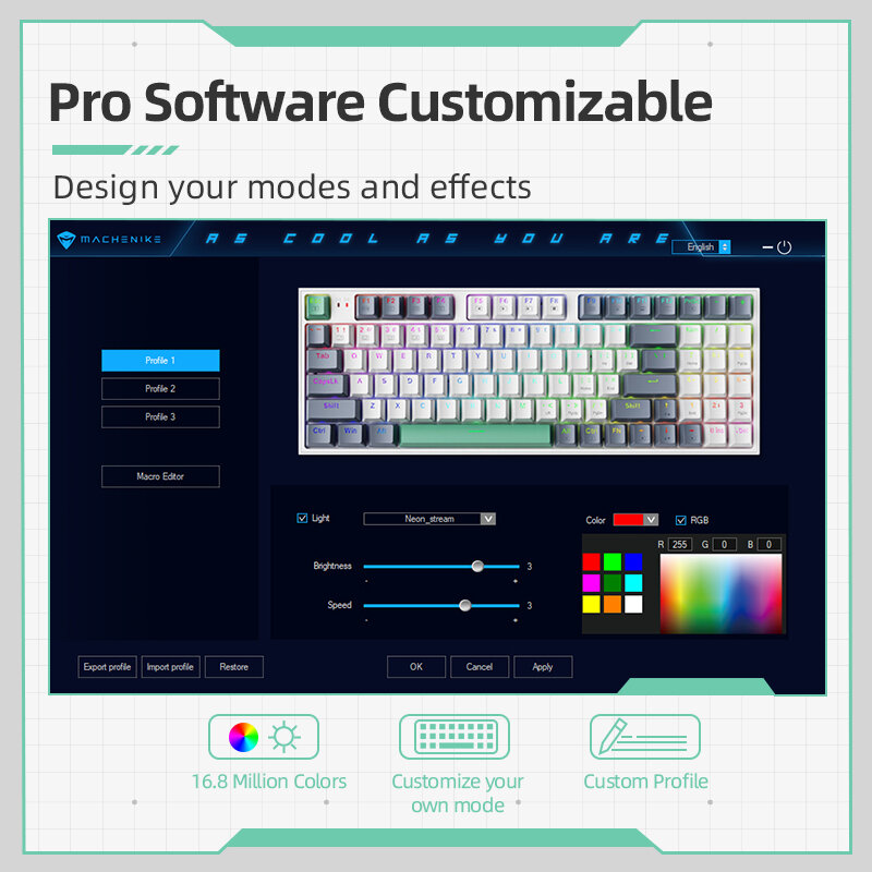 لوحة مفاتيح ميكانيكية للألعاب تتمتع بخاصية التوصيل السريع, لوحة مفاتيح سلكية K500، 94 مفتاح قابل للتبديل، إضاءة ثلاثية الألوان، أحمر وأخضر وأزرق، تستخدم مع أنظمة ماك وويندوز