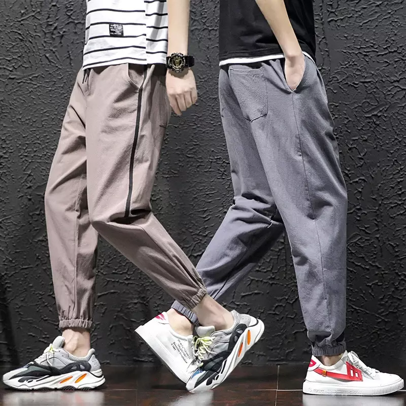Fashion Men's Casual Linen Pants Korean Style Drawstring Elastic Botton Basic Solid Color Patchwork Men Long Trousers