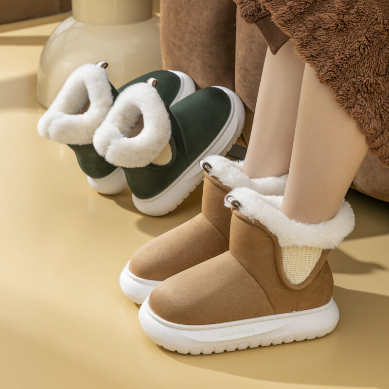 Mao Kou-zapatos de algodón de gamuza para mujer, calzado cálido de felpa con tacón envolvente, suela gruesa, Zapatillas altas de algodón, nuevo tipo de botas de nieve, Invierno