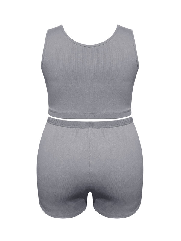 LW BASICS Plus Size women's clothing Crop Top Button Design High Waist Shorts Set summer sleeveless tank Top + shorts sets
