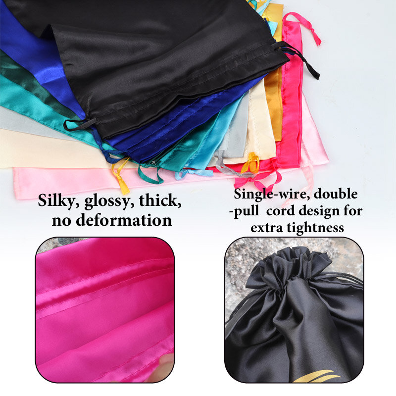 Tas Wig sutra grosir 10-50 buah tas penyimpanan ekstensi rambut tas Wig Satin tali serut tas bundel rambut dengan kustom Logo