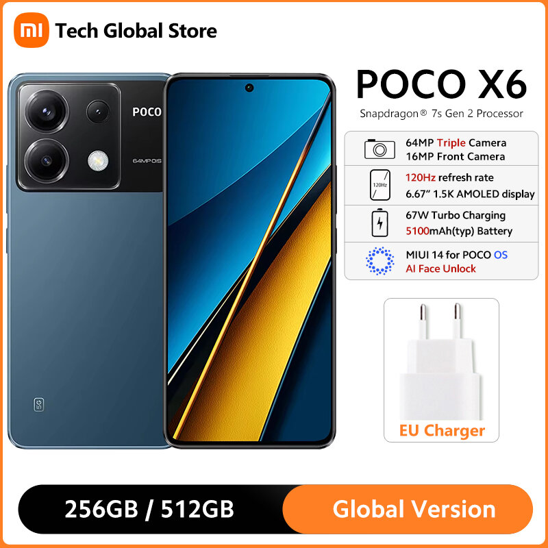 POCO-X6 Smartphone Versão Global, 5G, Snapdragon 7s Gen 2, 6,67 ", Display AMOLED 120Hz, Câmera Tripla de 64MP, Carregador Turbo 67W, NFC