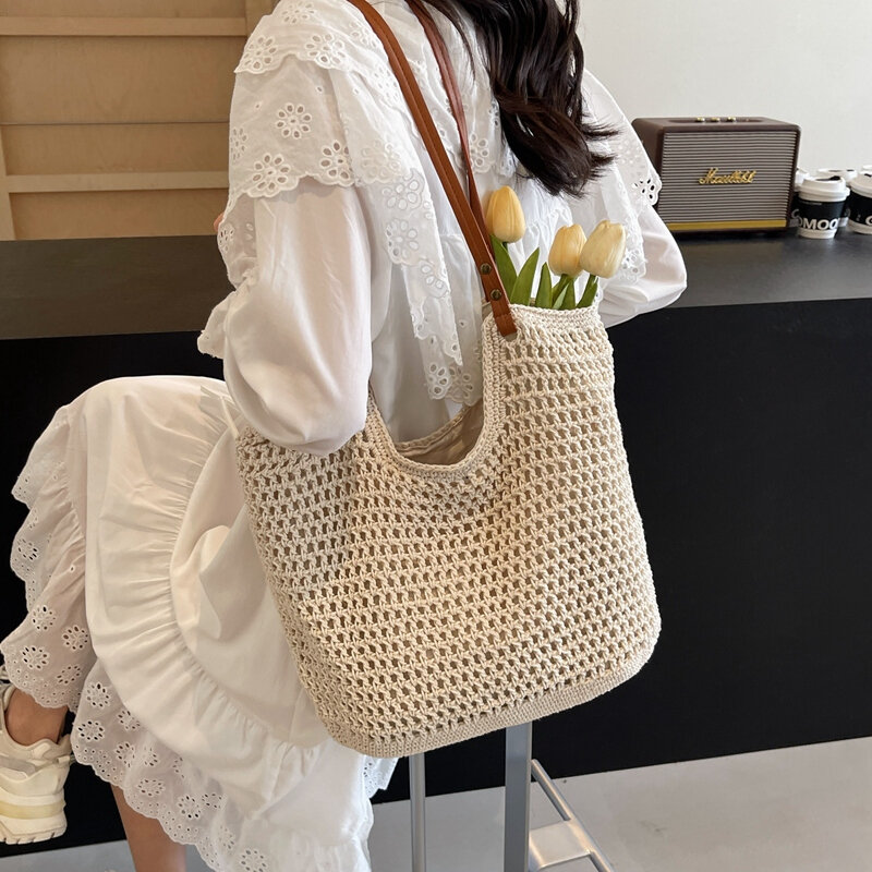 Letnia nowa damska torba plażowa moda dziewczyna ręcznie tkana torba na zakupy casualowa torebka na ramię Tote 2024