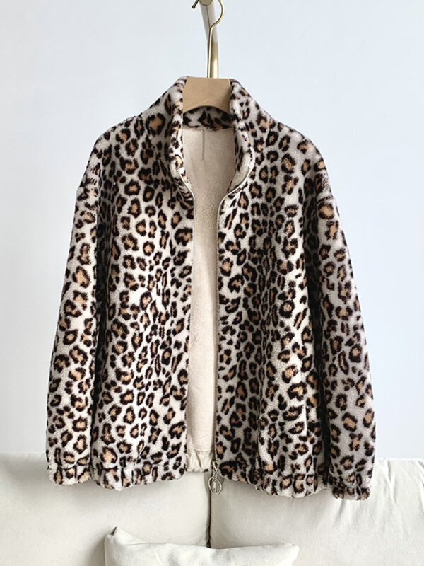 Jaqueta feminina com estampa de leopardo, casaco de pele real, lã natural tecer, outerwear solto, streetwear quente, inverno