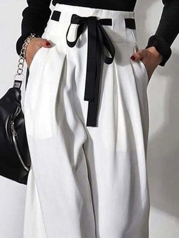 Missuoo-pantalones blancos de pierna ancha para mujer, pantalón holgado de cintura alta, largo hasta el suelo, con cordones, para primavera y verano