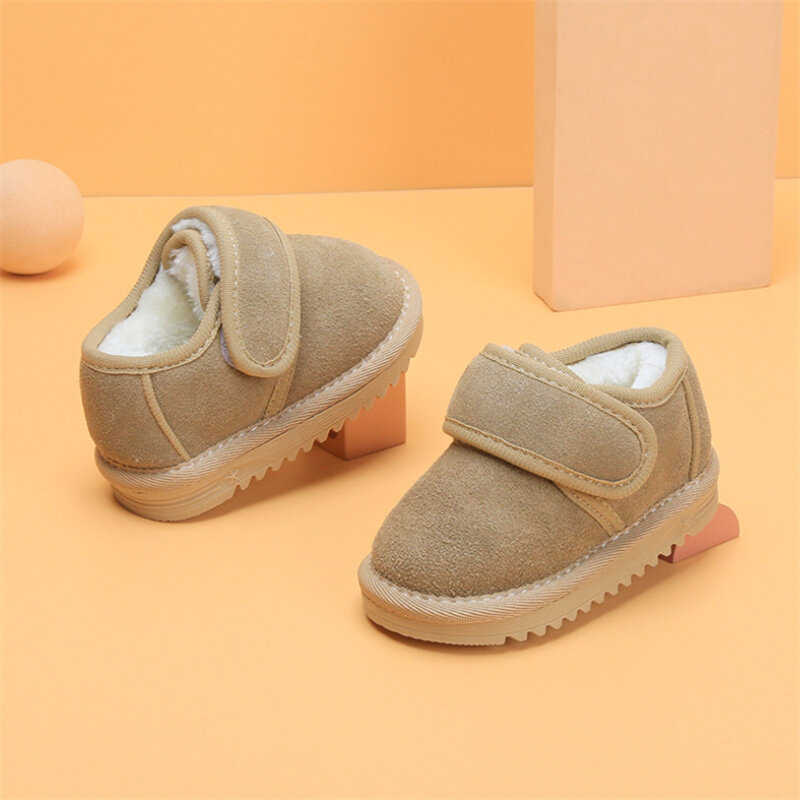 Zapatos de piel auténtica para bebé, botas cálidas de felpa para niño y niña, zapatos de algodón con suela de goma, tenis al aire libre, botas de moda para niños pequeños